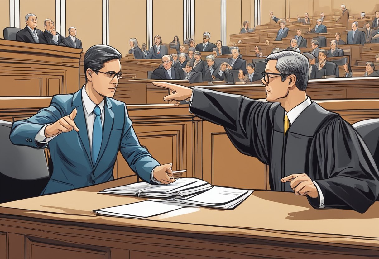 A person standing in front of a judge in a courtroom, pointing to a stack of papers and gesturing with their hands as they discuss a legal matter