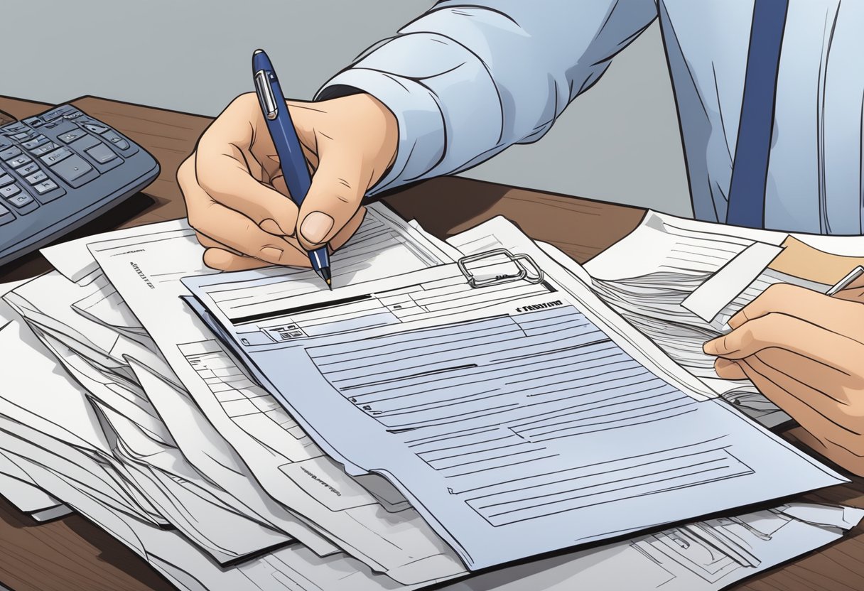 A pile of medical bills and paperwork sits on a desk, while a person fills out a consolidation form with a pen