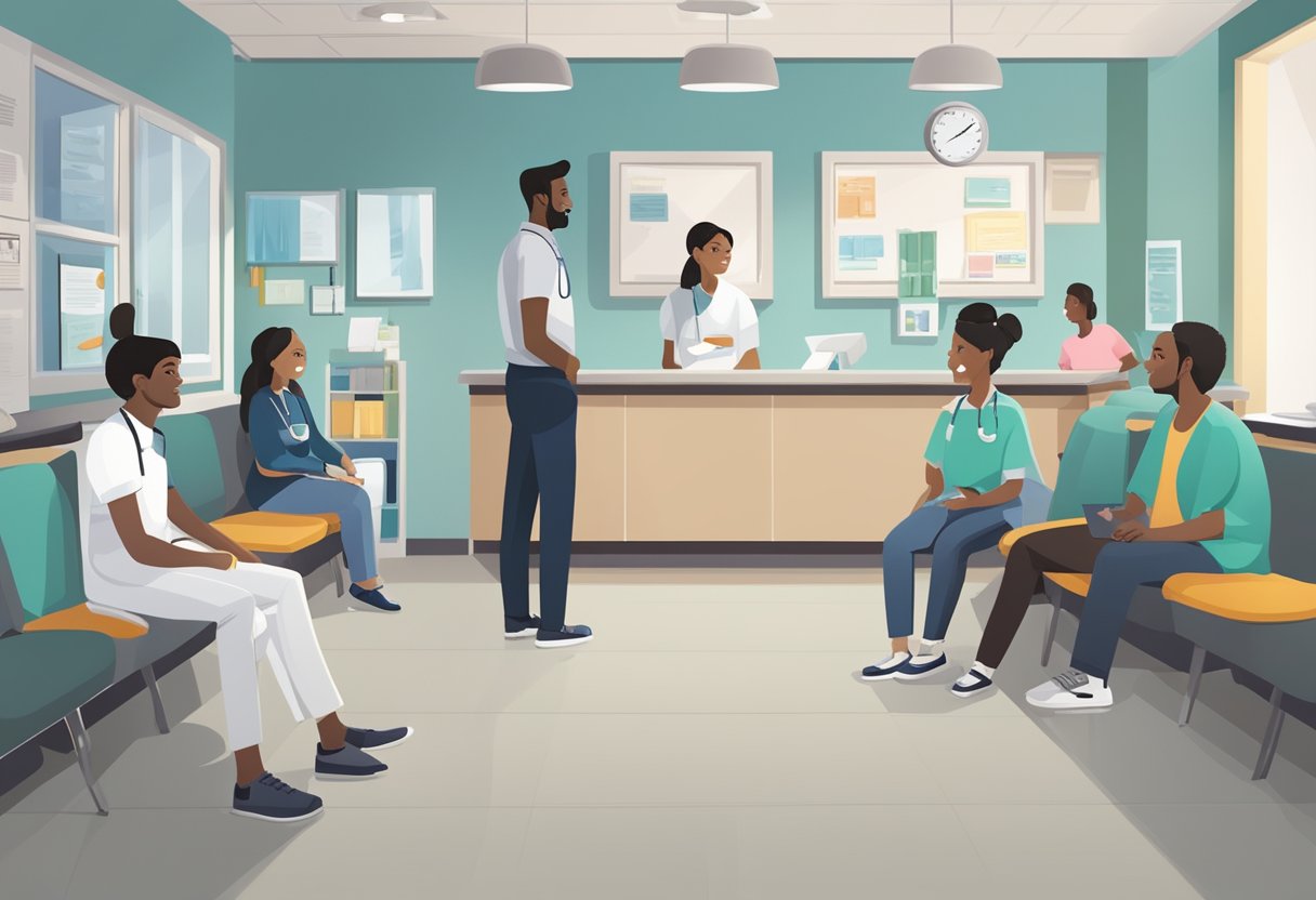 A dental clinic with a diverse group of people waiting in the reception area. A sign on the wall indicates services for undocumented individuals