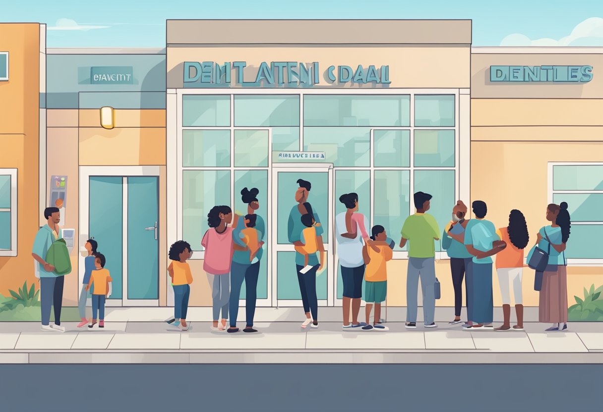 A diverse group of people, including families and individuals, wait in line outside a dental clinic. The clinic is brightly lit and welcoming, with a sign in Spanish indicating specialized dental services for undocumented individuals
