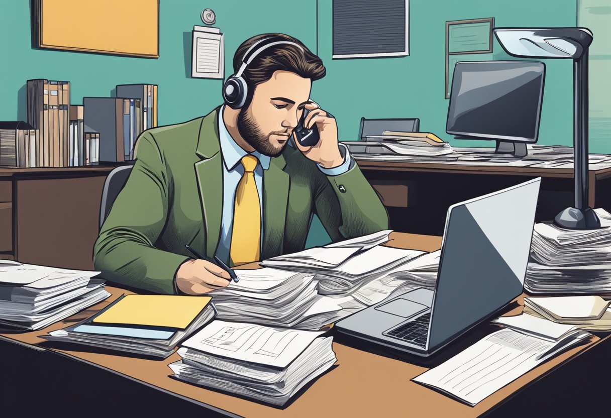 A person sitting at a desk, surrounded by legal documents and a laptop, speaking with a creditor on the phone