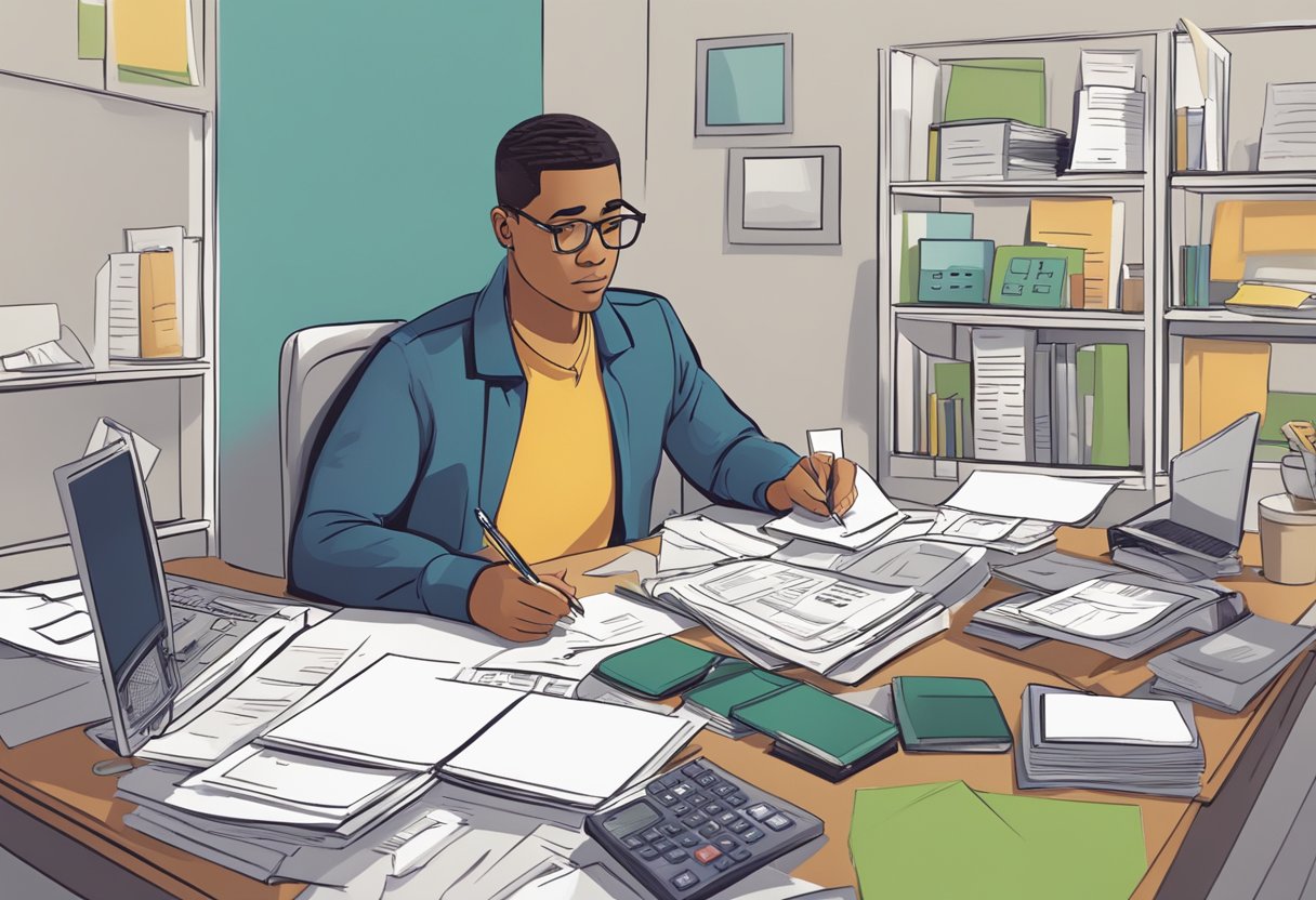 A person sitting at a desk, surrounded by bills and a calculator. They are writing out a payment plan, with a determined expression on their face
