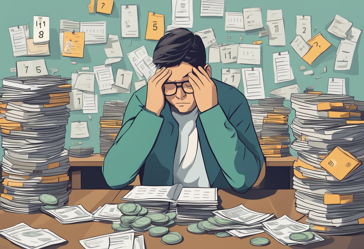 A person surrounded by stacks of bills and coins, looking stressed and overwhelmed. A calendar on the wall shows the days passing by