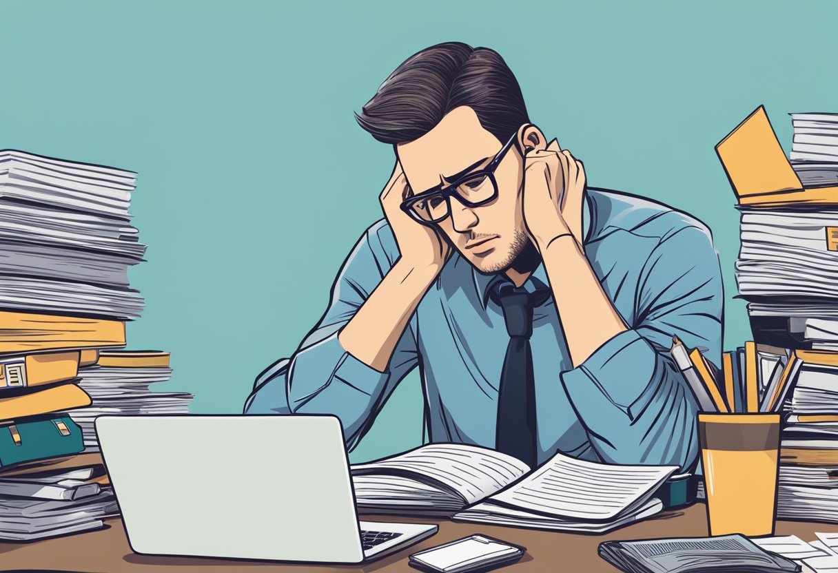 A person sitting at a desk surrounded by legal documents and a laptop, looking stressed and overwhelmed while trying to understand the legal options for credit card debt in the USA