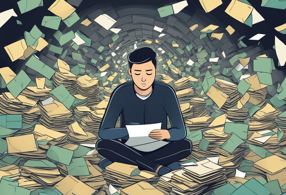 A person surrounded by bills and coins, looking stressed. A pile of debt envelopes on the table. A light at the end of the tunnel symbolizing hope