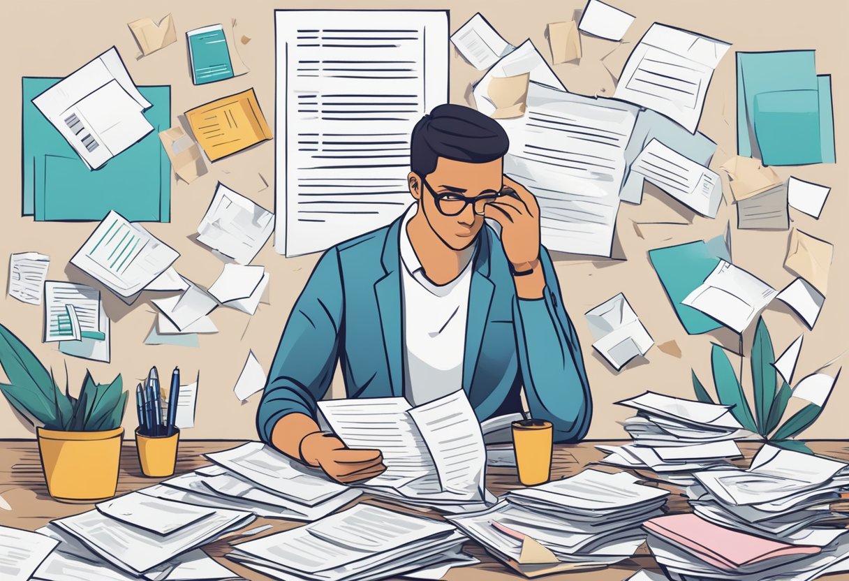 A person carefully reviewing a credit report, surrounded by torn and fraudulent documents, while seeking trustworthy assistance
