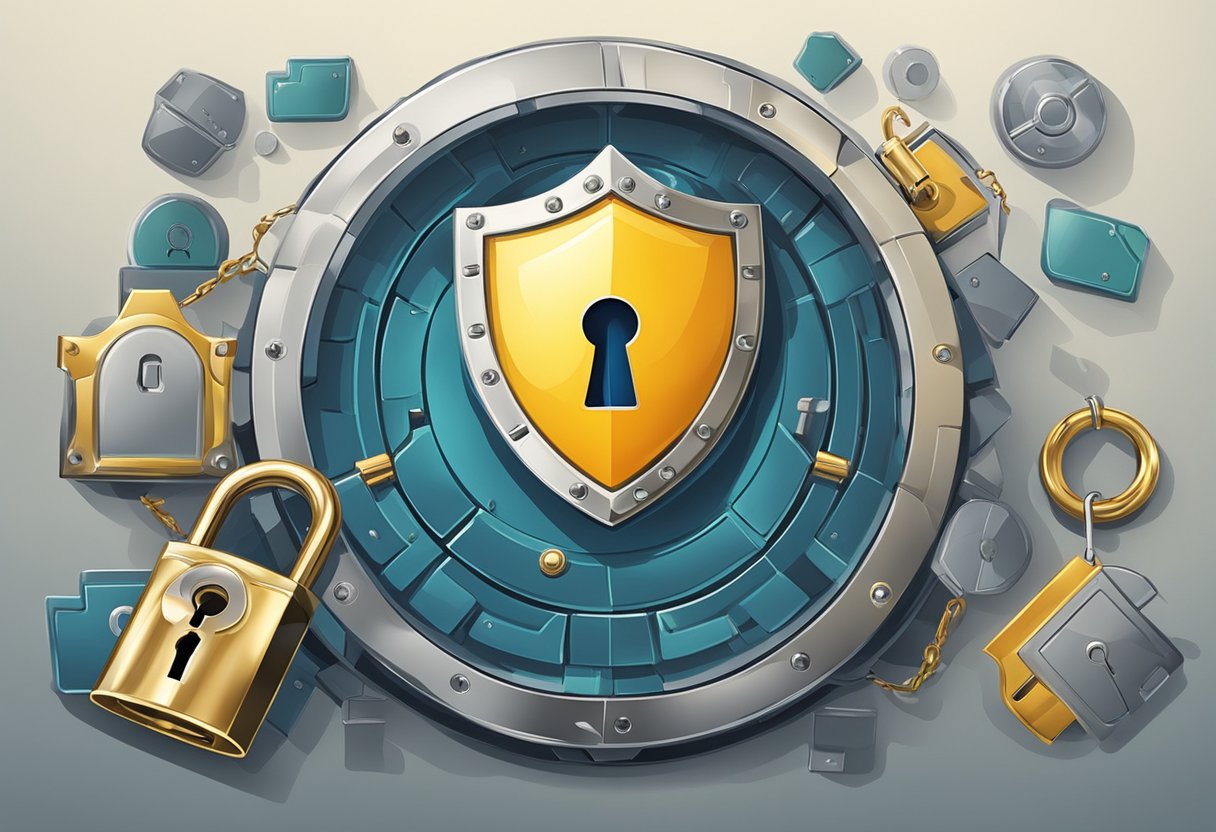 A secure lock protecting a shield symbolizing identity theft and credit fraud. Trustworthy guidance leading away from fraudulent credit repair scams