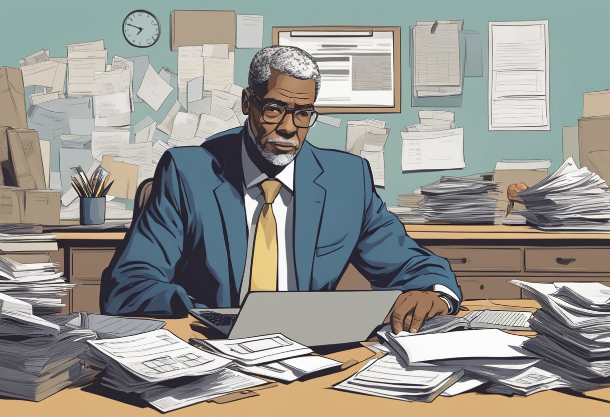 A veteran sits at a cluttered desk, surrounded by bills and paperwork. A concerned expression on their face as they search for financial assistance programs for housing and debt