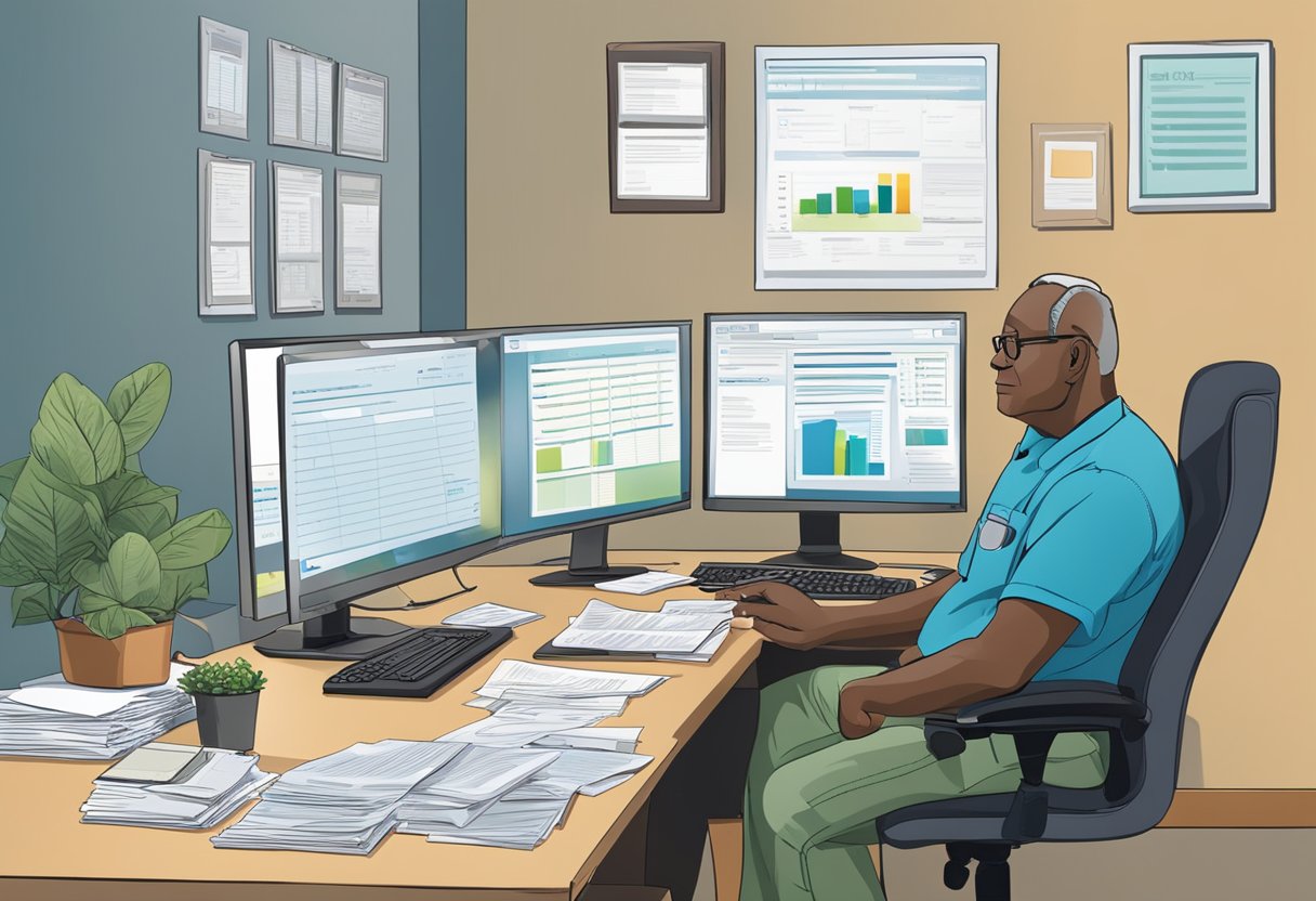 A veteran sits at a desk, surrounded by paperwork and bills. A computer screen displays various financial assistance programs for healthcare and employment