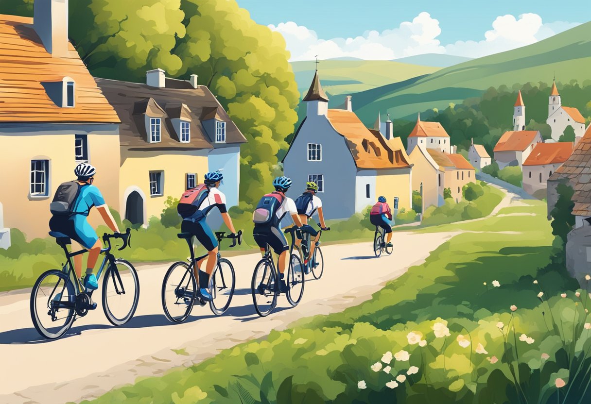 A group of cyclists rides through picturesque landscapes, passing by charming villages and historic landmarks. The tour guide leads the way, pointing out interesting sights along the route