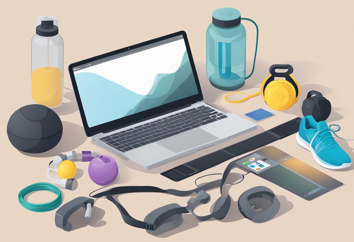 A desk with a laptop, water bottle, and gym bag. A timer set to 25 minutes. A workout mat and resistance bands nearby