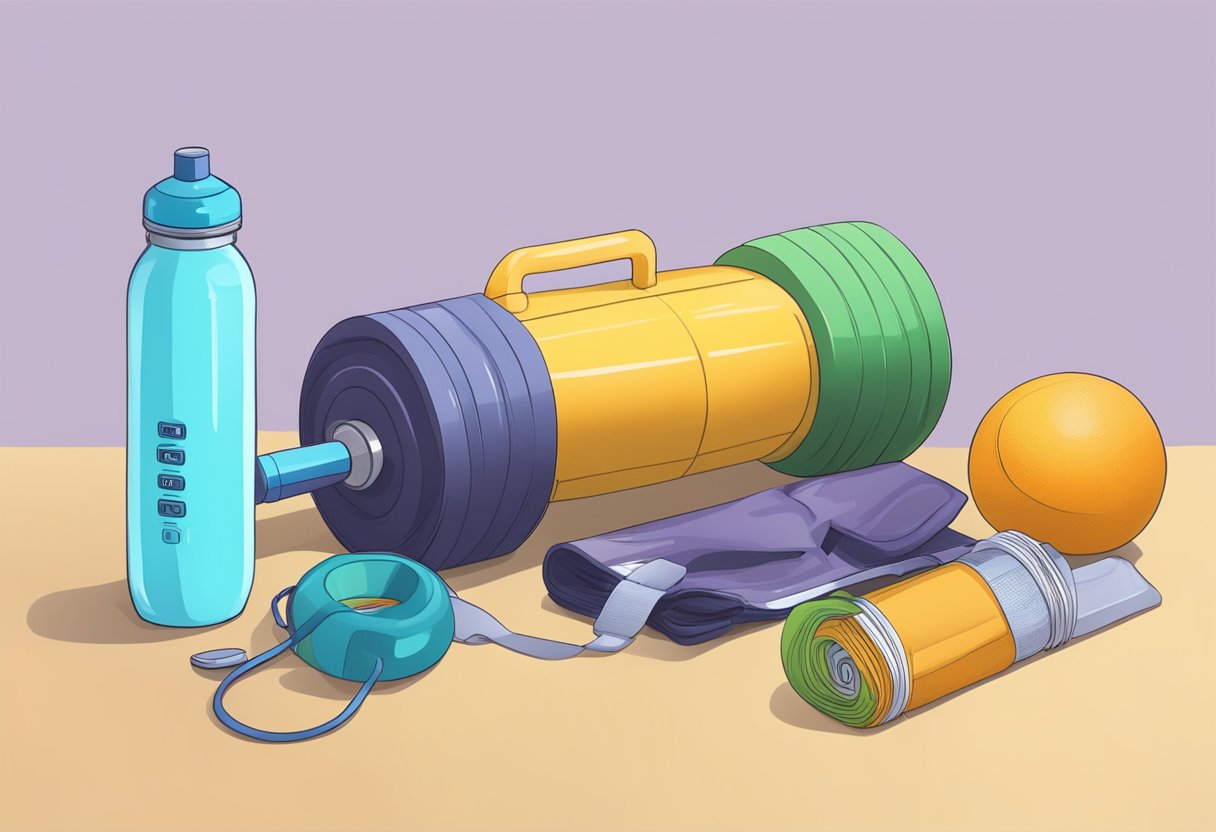 A gym with a timer set for 25 minutes, followed by a 5-minute break, repeated throughout the day. Water bottle and workout gear nearby