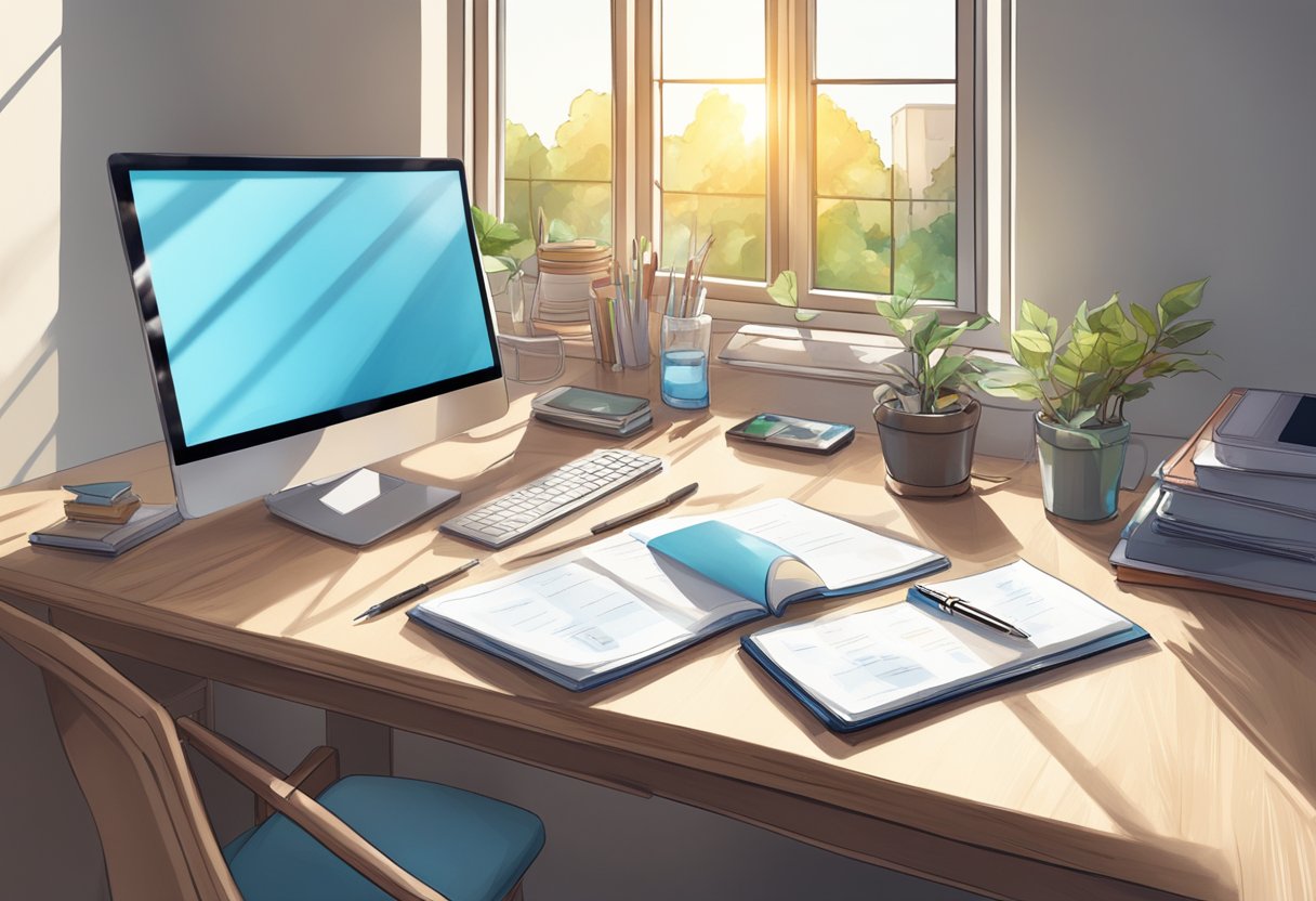 A cluttered desk with a timer set to 25 minutes, a notepad, and a glass of water. Sunlight streams through the window onto the organized workspace