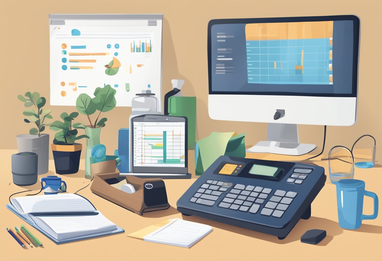 A cluttered desk with a timer set for 25 minutes, a notebook, and a water bottle. A person's hand reaches for the timer while a treadmill sits nearby
