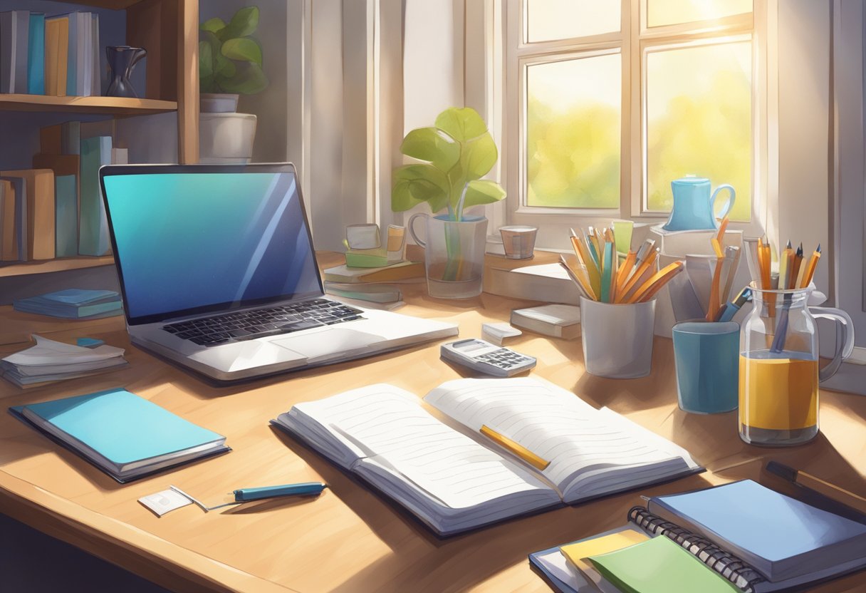 A cluttered desk with a timer set to 25 minutes, a notebook, and a water bottle. Sunlight streams through a window onto the workspace