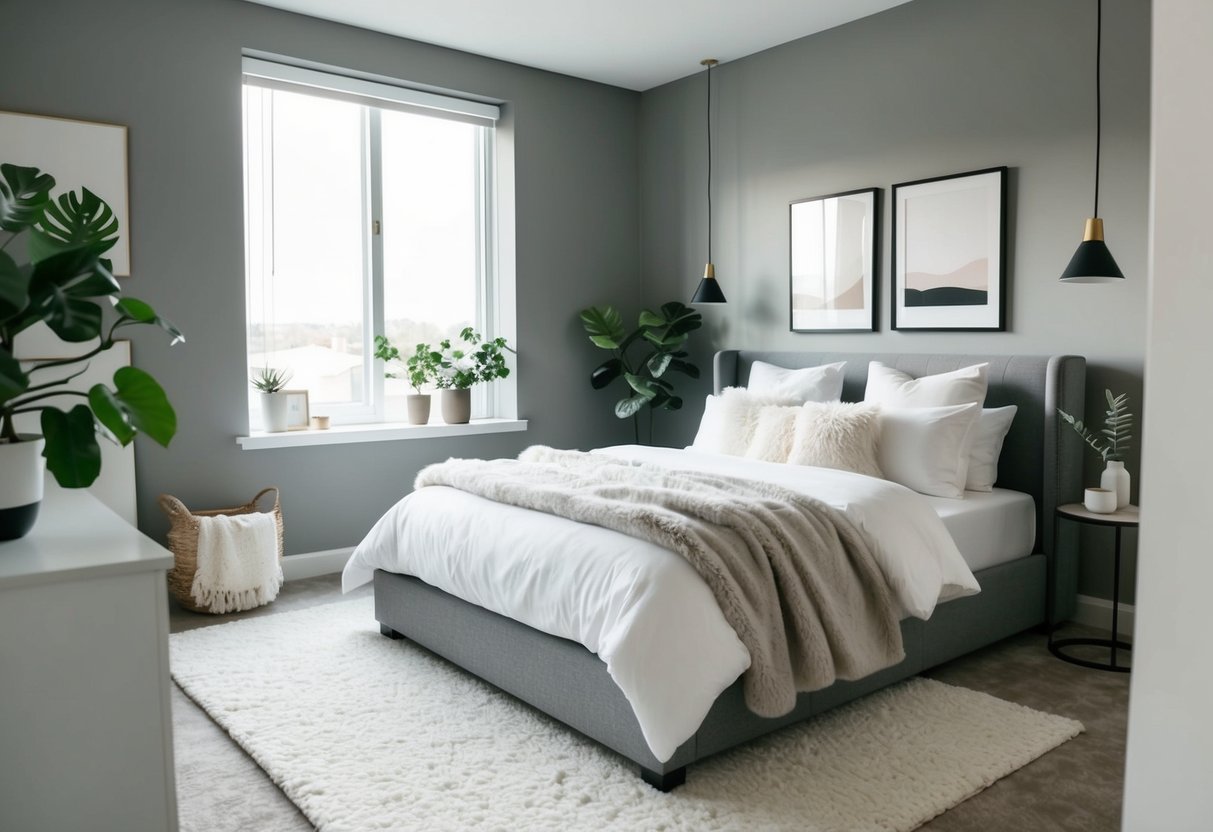 A cozy gray bedroom with a plush bed, fluffy pillows, and a soft throw blanket. A large window lets in natural light, and the room is decorated with minimalist artwork and plants