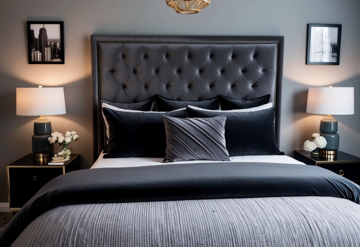 A cozy bedroom with charcoal velvet bedding, complemented by 18 shades of gray in the decor