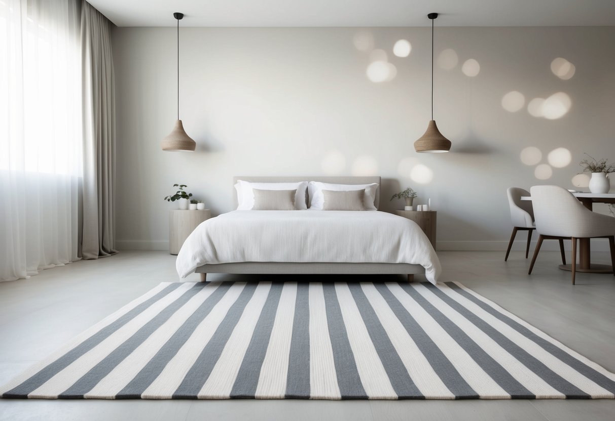 A gray and white striped rug lies in the center of a serene, minimalist bedroom with soft, neutral tones and modern furniture