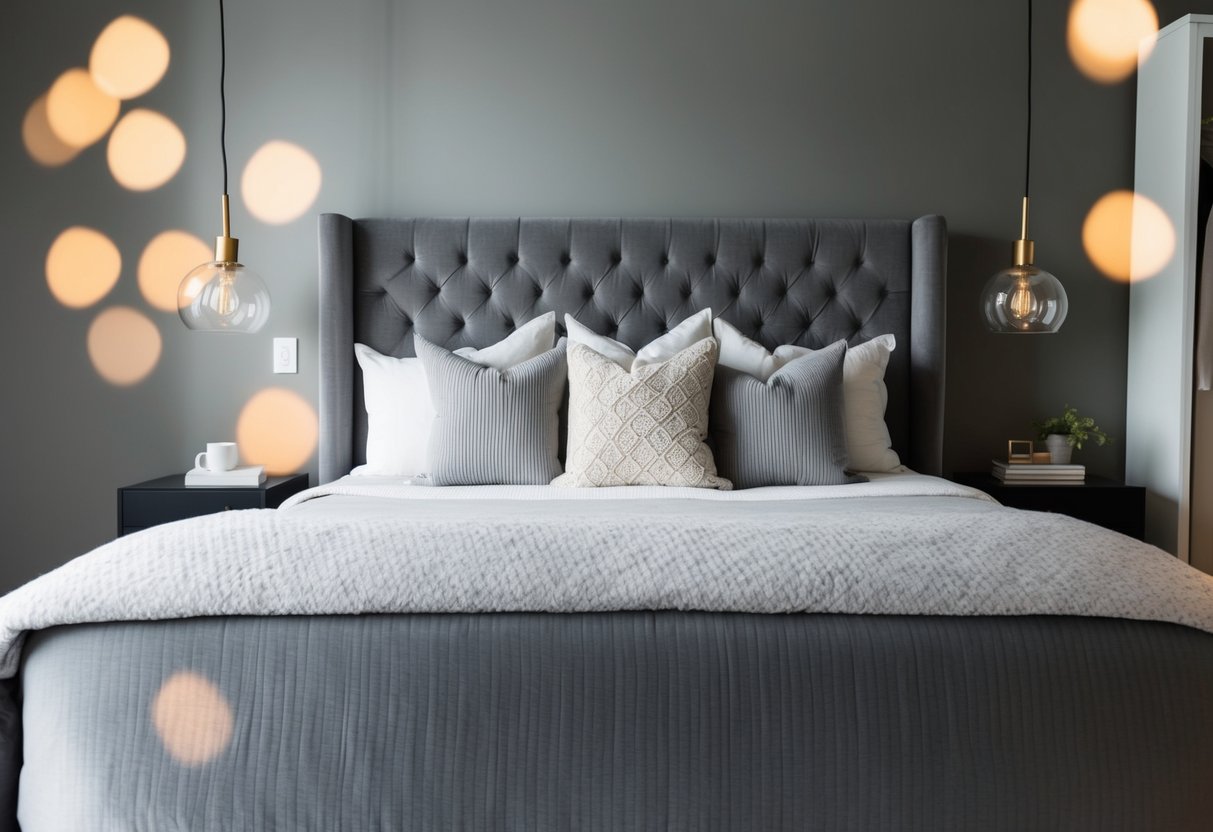 A cozy gray bedroom with a plush upholstered headboard, soft lighting, and minimalist decor