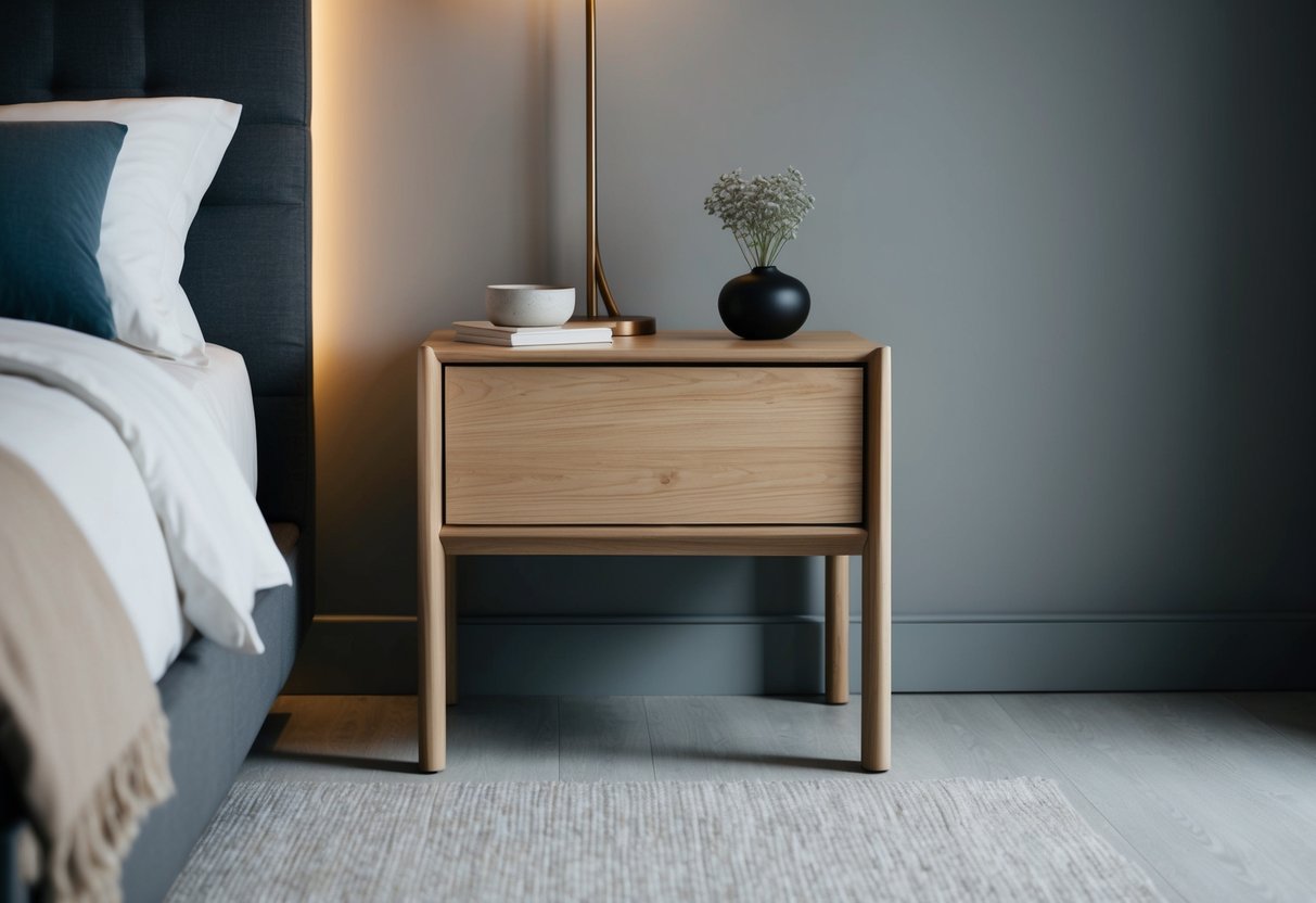 A sleek ash wood nightstand sits in a modern gray bedroom with minimalist decor. The room is illuminated by soft, warm lighting, creating a cozy and inviting atmosphere