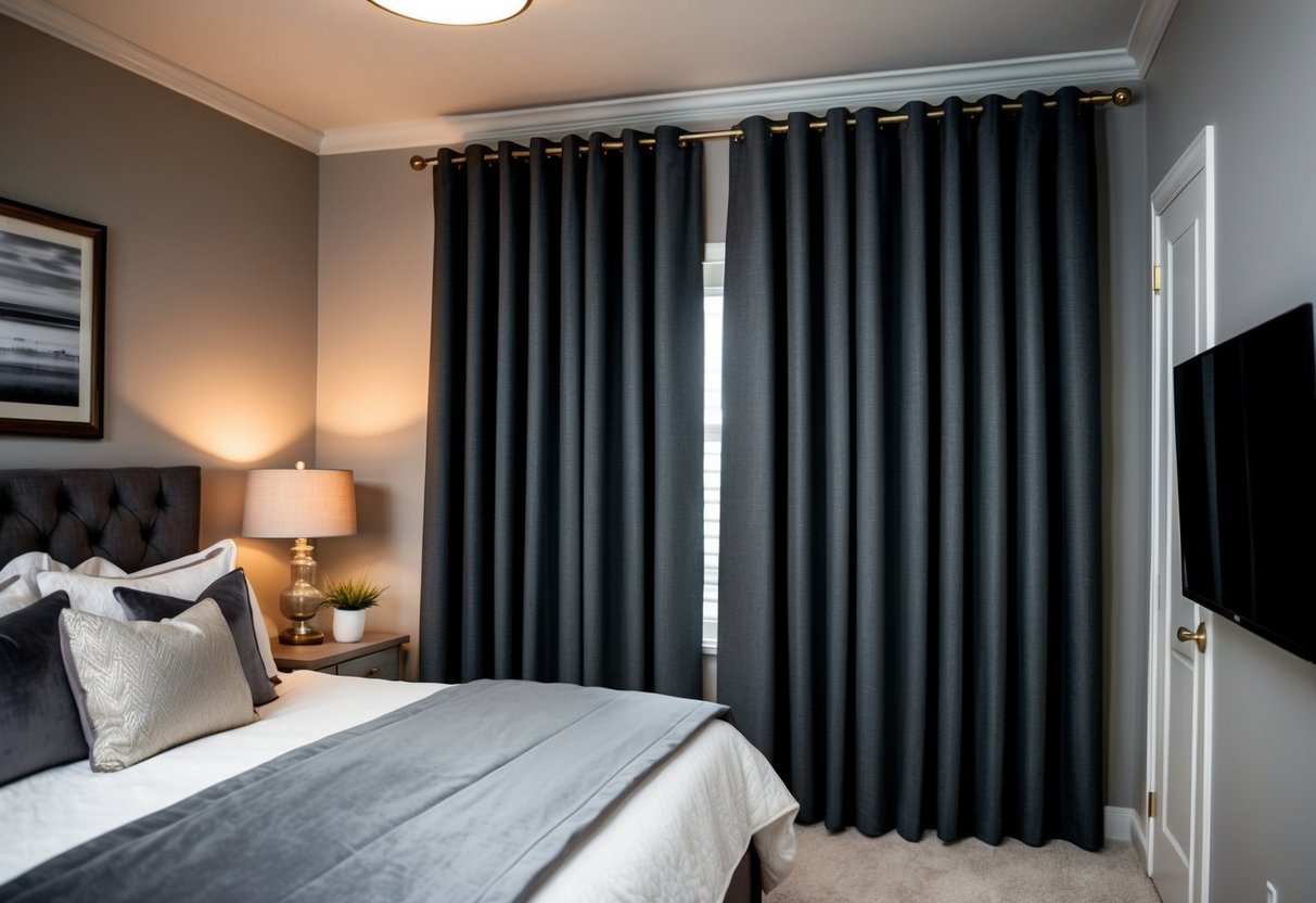 A cozy bedroom with graphite blackout curtains. Gray color scheme with soft bedding, accent pillows, and wall decor. Warm lighting and a comfortable atmosphere