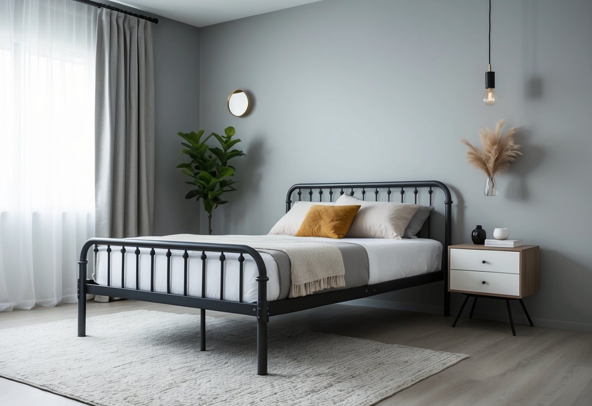 A steel bed frame stands in a modern gray bedroom, accented with neutral tones and minimalist decor