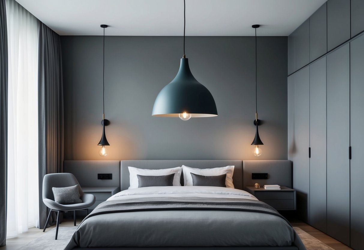 A smoke-colored pendant light hangs in a modern gray bedroom with minimalist decor and sleek furniture