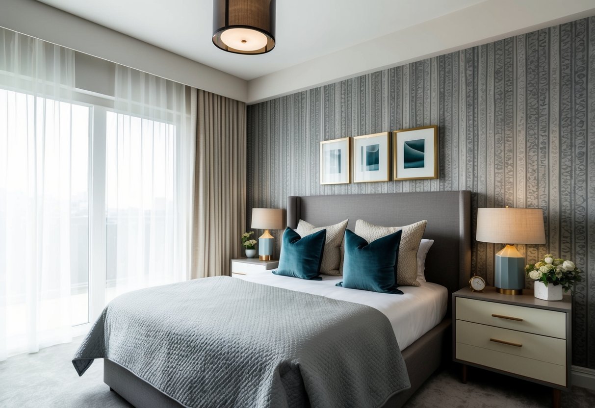 A cozy bedroom with gray and beige wallpaper. The room is furnished with modern decor, including a comfortable bed and stylish nightstands