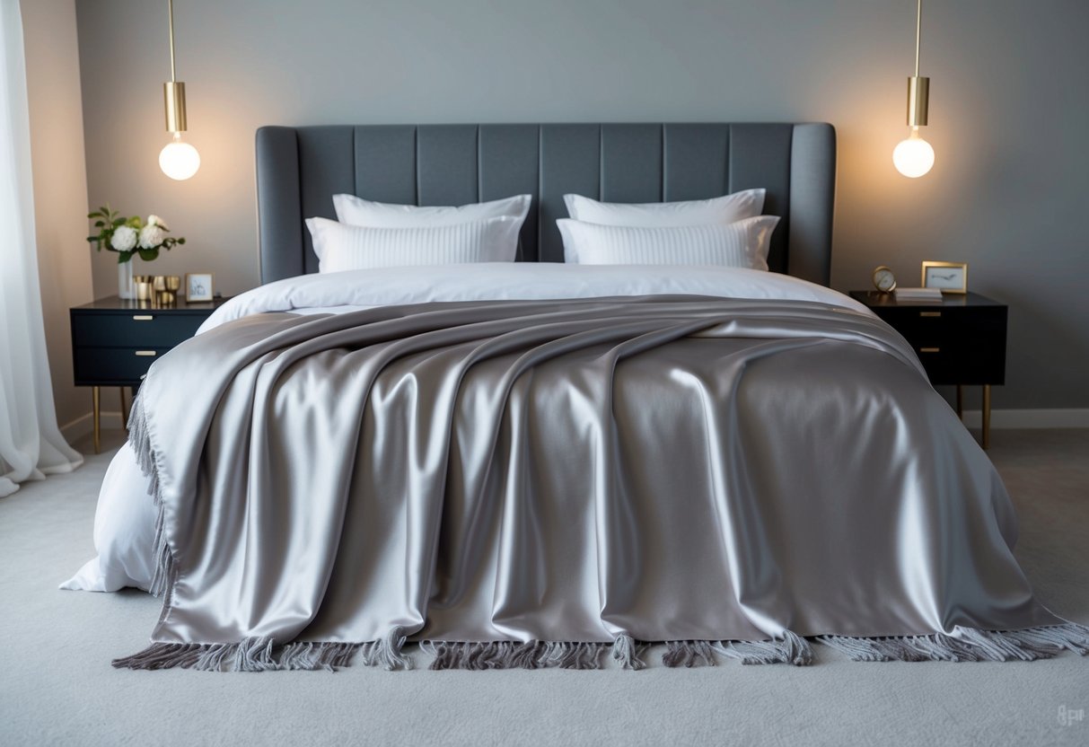 A luxurious platinum throw blanket drapes over a cozy bed in a modern gray bedroom, surrounded by minimalist decor and soft lighting