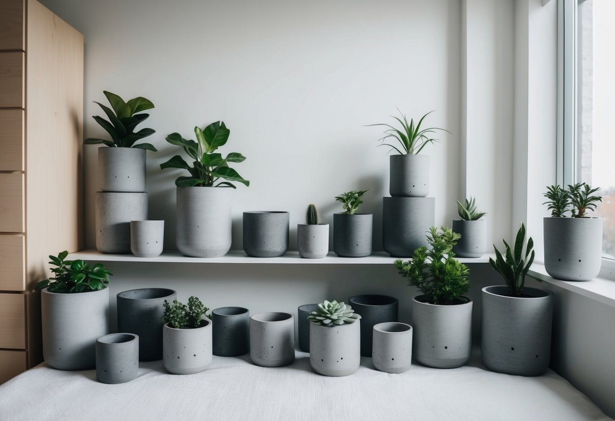 A bedroom with 18 concrete planters in various sizes and shades of gray, placed on shelves, dressers, and window sills