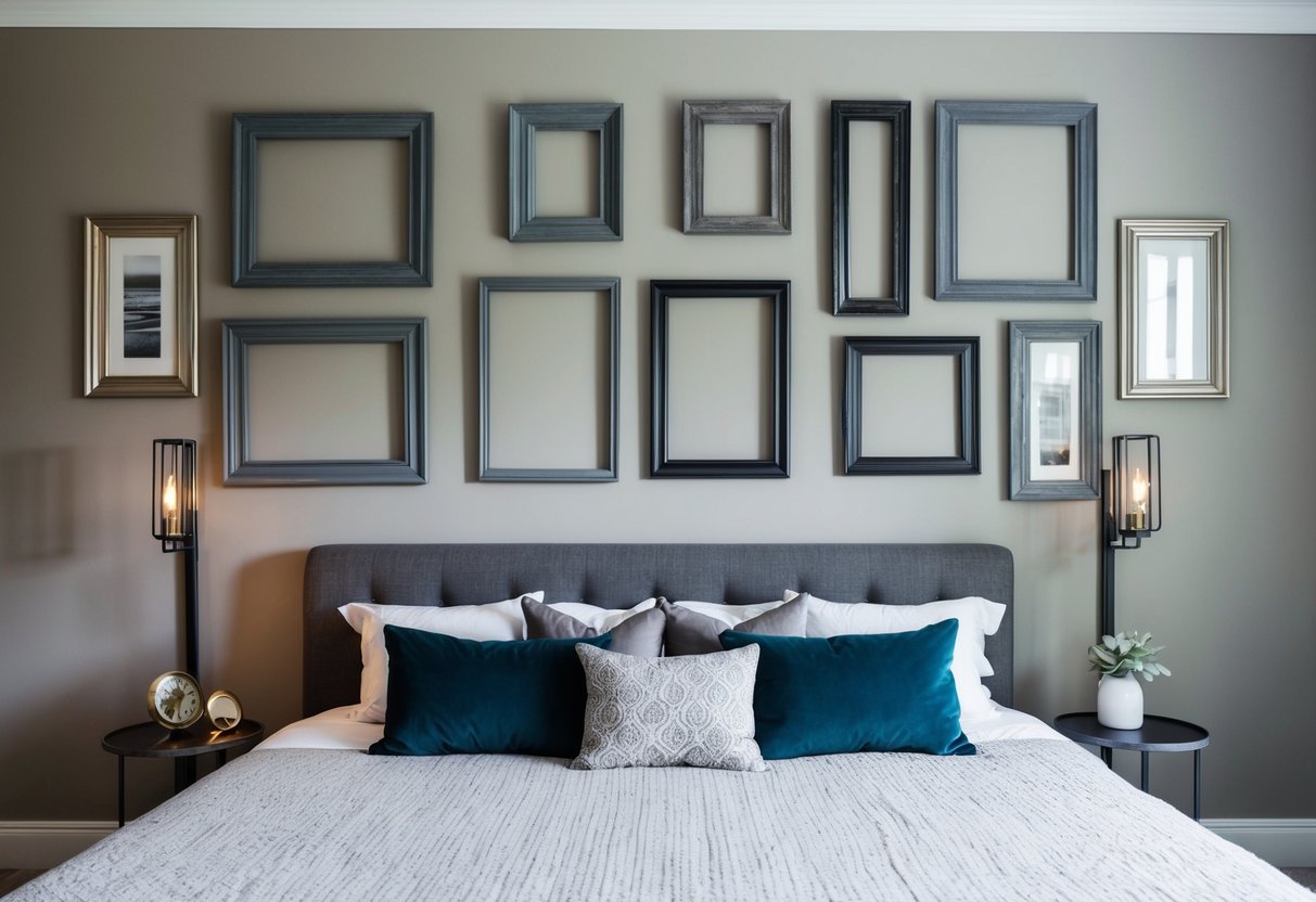 A bedroom with 18 iron picture frames in various sizes and shades of gray, arranged on the walls