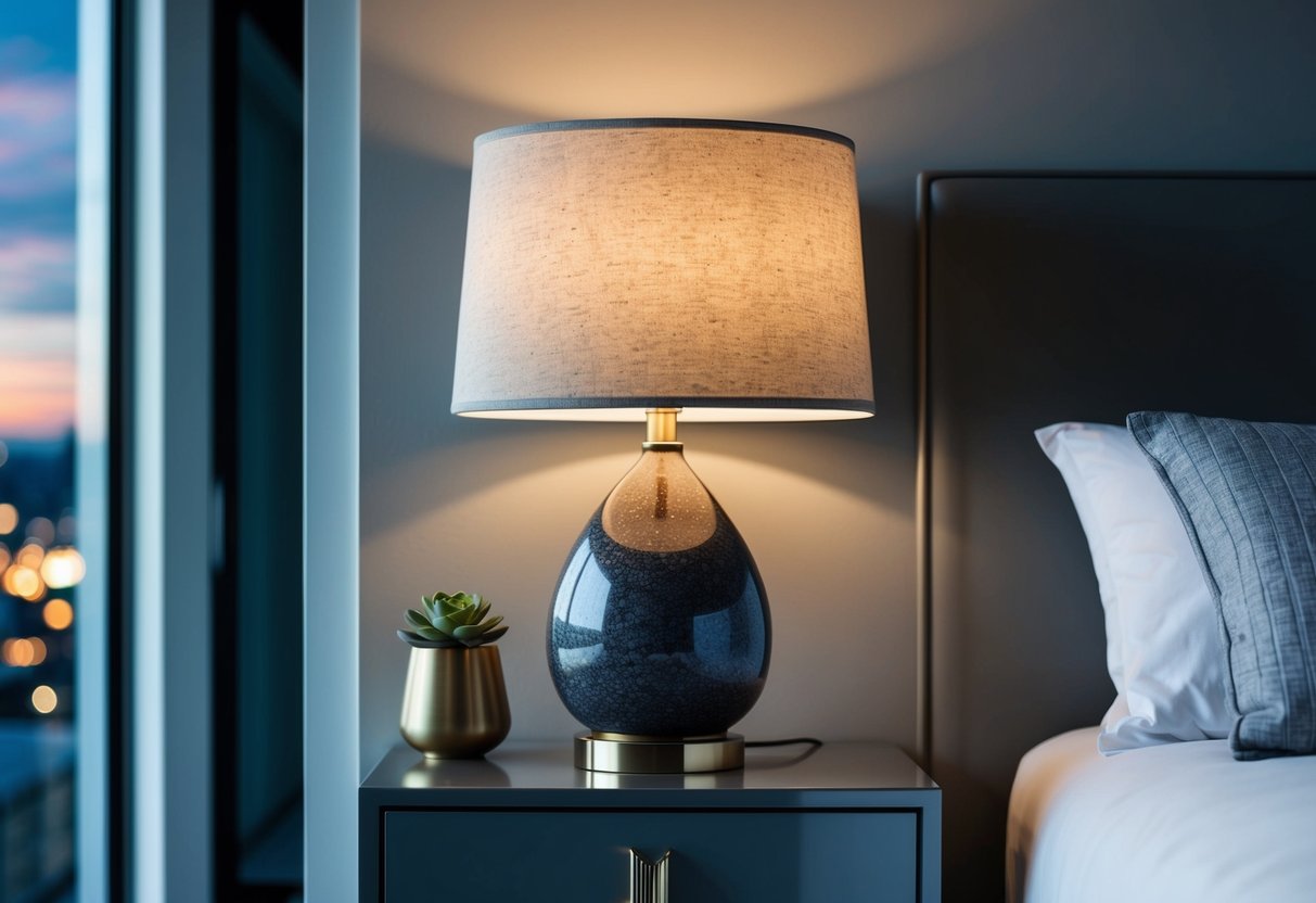 A granite table lamp sits on a nightstand in a modern gray bedroom, casting a soft glow over the sleek, minimalist decor