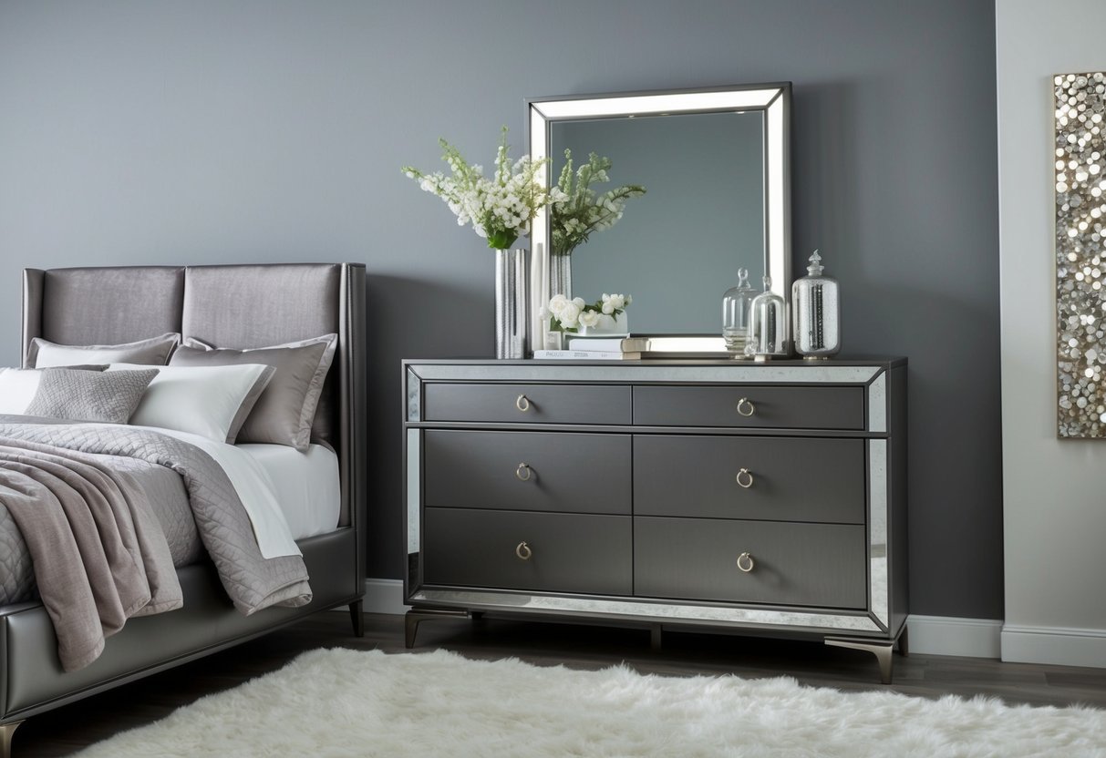 A sleek gunmetal dresser stands in a modern gray bedroom, accented with silver decor and soft, plush bedding