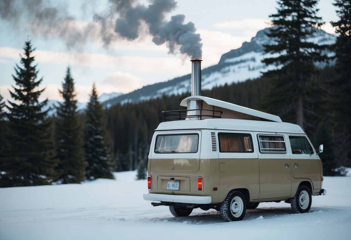 Ein gemütlicher Lieferwagen, der in einem verschneiten Wald geparkt ist, aus dessen Schornstein Rauch aufsteigt, umgeben von Pinien und einer Bergkulisse