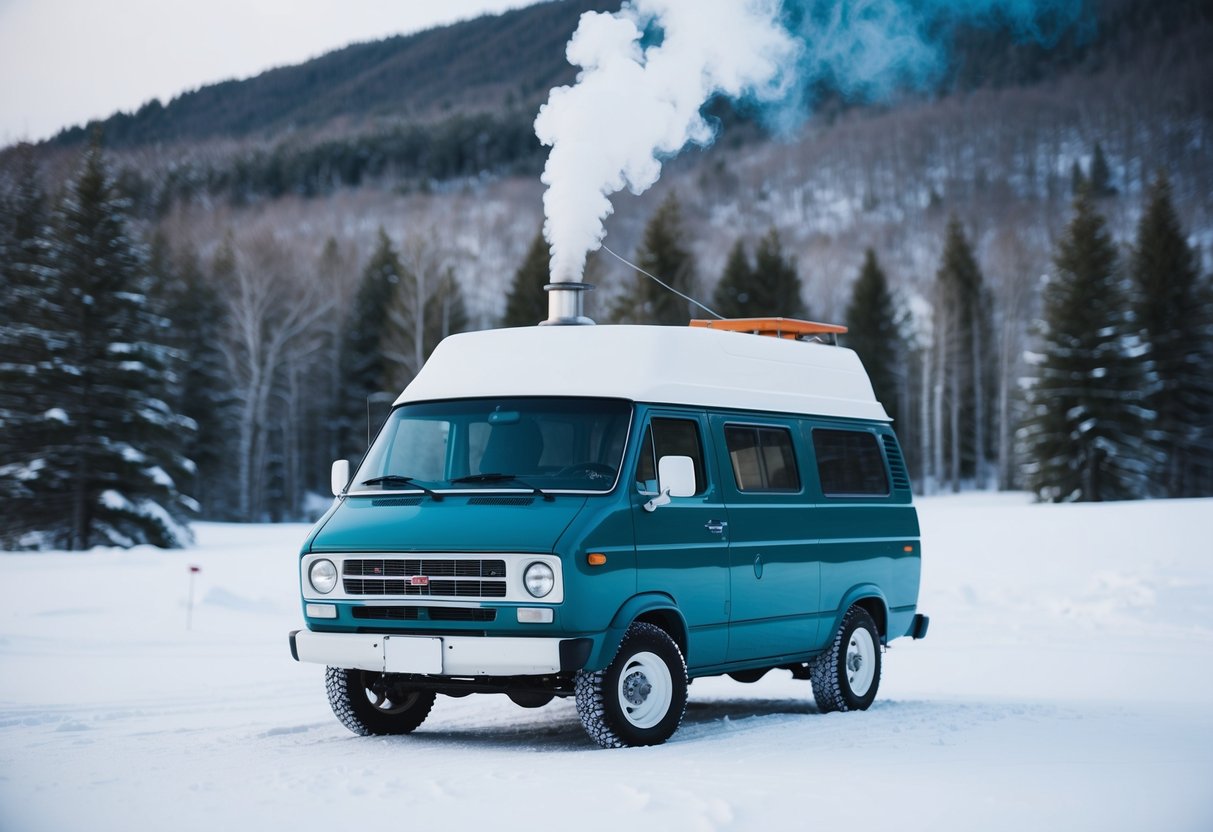 Ein gemütlicher Lieferwagen parkt in einem verschneiten Wald, auf dessen Dach Rauch aus einem Schornstein aufsteigt. Die umliegende Landschaft ist mit Schnee bedeckt, im Hintergrund Kiefern