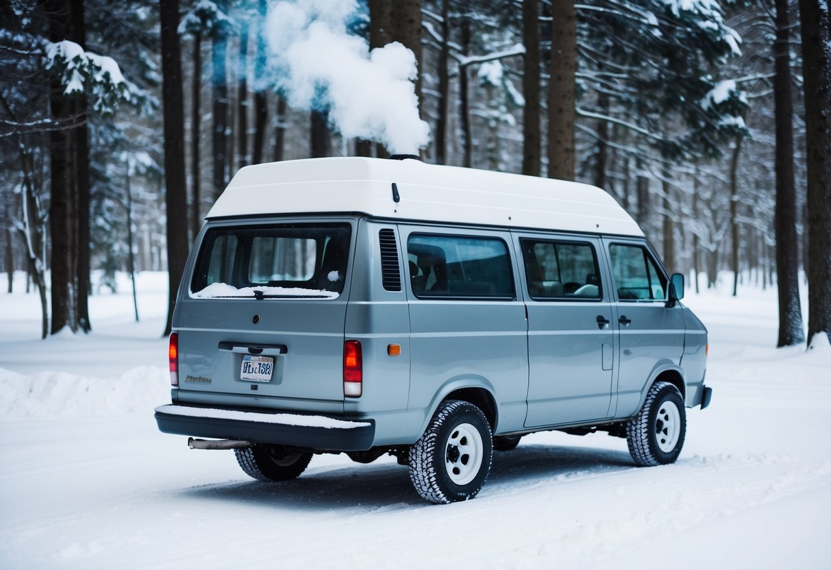 Ein in einem verschneiten Wald geparkter Lieferwagen mit sichtbaren Winterreifen. Rauch steigt aus dem Schornstein. Schneebedeckte Bäume umgeben den Van