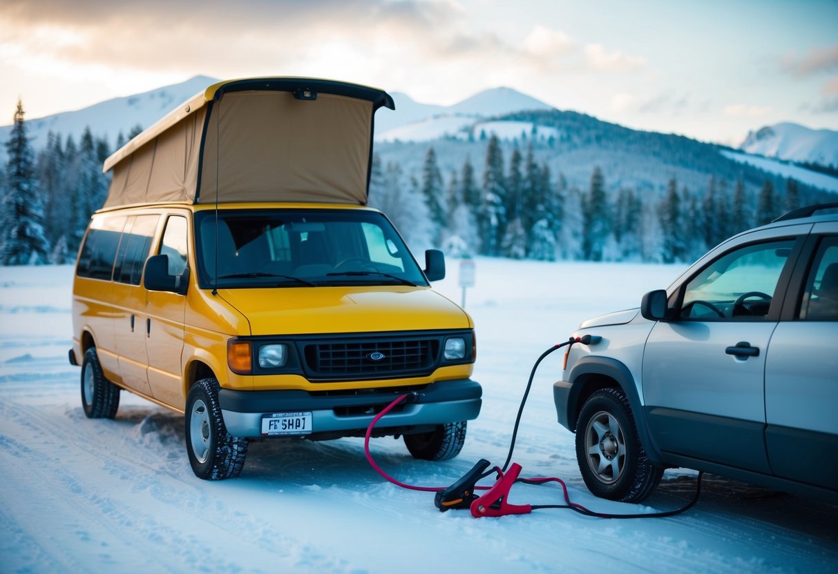 Ein Lieferwagen, der an einem verschneiten, abgelegenen Ort geparkt ist, mit geöffneter Motorhaube und Starthilfekabeln, die an ein anderes Fahrzeug angeschlossen sind. Schneebedeckte Bäume und Berge im Hintergrund