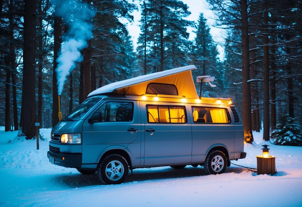 Ein gemütlicher Lieferwagen, der in einem verschneiten Wald geparkt ist und dessen Außenbereich von solarbetriebenen Lichtern beleuchtet wird. Rauch steigt aus einem Schornstein und die Szene strahlt trotz der Winterkälte eine warme und einladende Atmosphäre aus