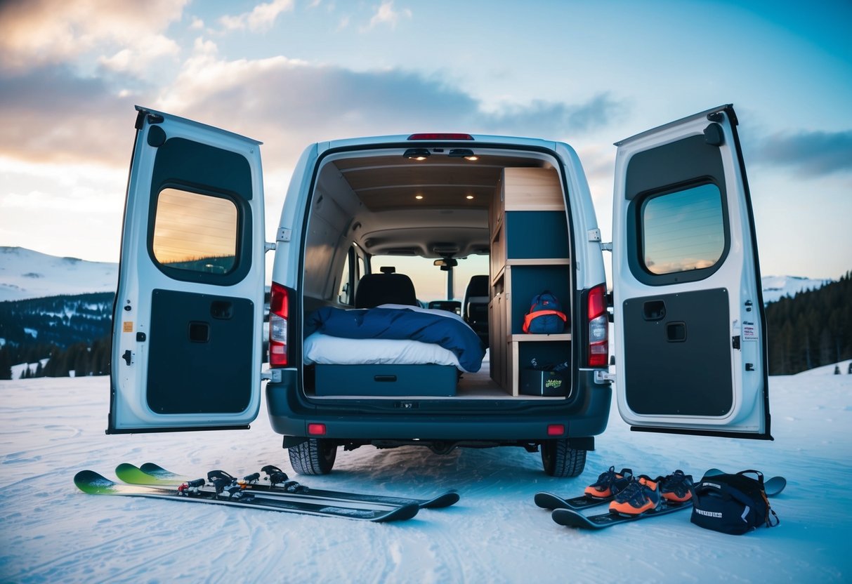 Ein Lieferwagen, der in einer verschneiten Landschaft geparkt ist, mit verstreuter Skiausrüstung und Ausrüstung. Die Türen des Transporters sind geöffnet und geben den Blick frei auf einen gemütlichen Innenraum mit einem Bett und Stauraum für die Wintersportausrüstung