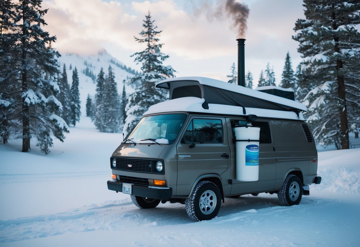 Ein in einer verschneiten Landschaft geparkter Lieferwagen mit installiertem Wasserfiltersystem. Schneebedeckte Bäume umgeben den Lieferwagen und Rauch steigt aus dem Schornstein, was darauf hinweist, dass der Lieferwagen besetzt ist