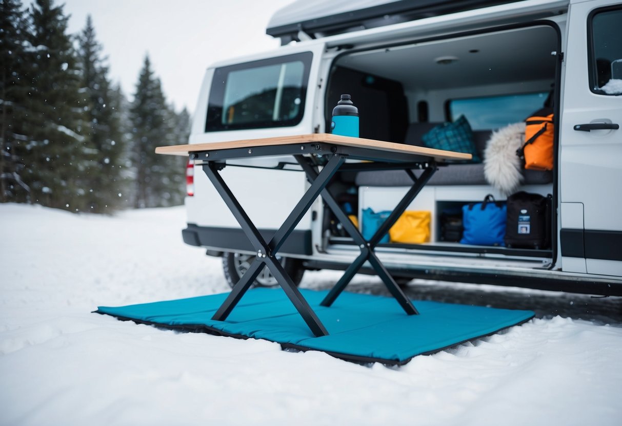 Ein klappbarer Tisch im winterlichen Vanlife-Ambiente, mit 12 Tipps und Tricks. Schnee, ein gemütliches Interieur und sichtbare Outdoor-Ausrüstung