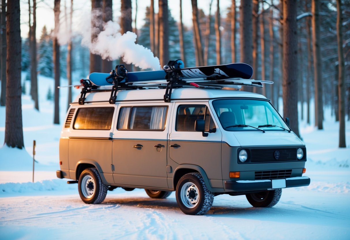 Ein gemütlicher Lieferwagen, der in einem verschneiten Wald geparkt ist, mit schneebedeckten Bäumen und einem warmen Lichtschein, der aus den Fenstern strömt. Ein Dachträger bietet Platz für Skier und ein Snowboard. Aus einem Schornstein des Lieferwagens steigt Rauch auf