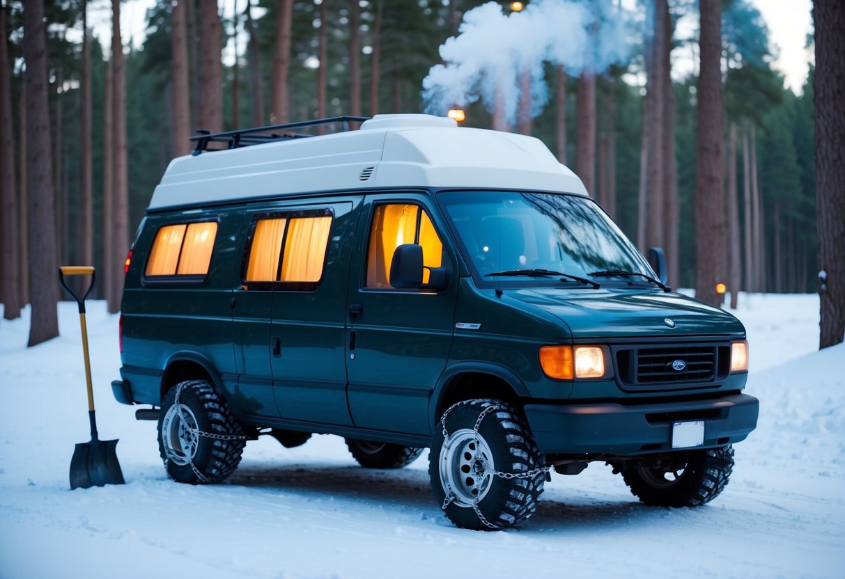 Ein gemütlicher Lieferwagen, der in einem verschneiten Wald geparkt ist, mit Schneeketten an den Reifen und einer Schaufel, die an der Seite lehnt. Rauch steigt aus dem Schornstein und warmes Licht strahlt aus den Fenstern