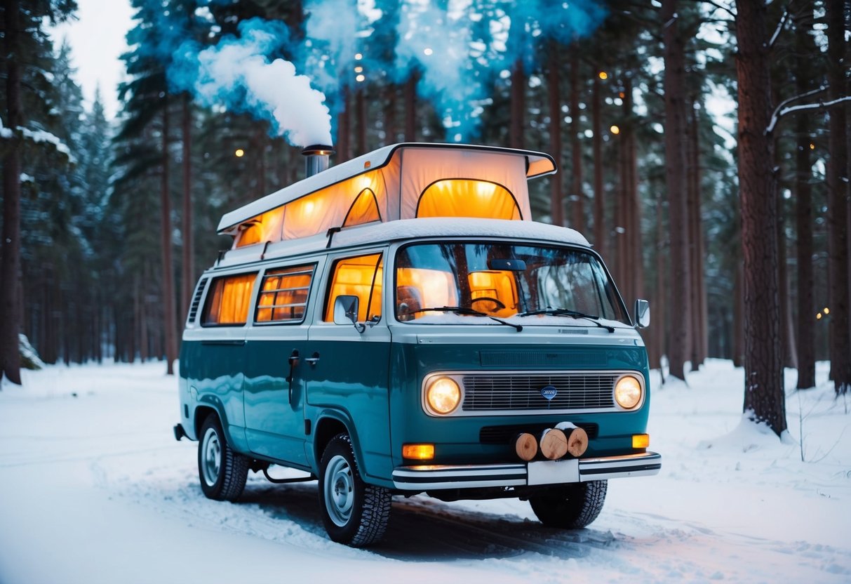 Ein gemütlicher Lieferwagen parkt in einem verschneiten Wald, aus dem Schornstein steigt Rauch auf. Warmes Licht scheint durch die Fenster und ein paar Winterutensilien sind im Außenbereich verstreut