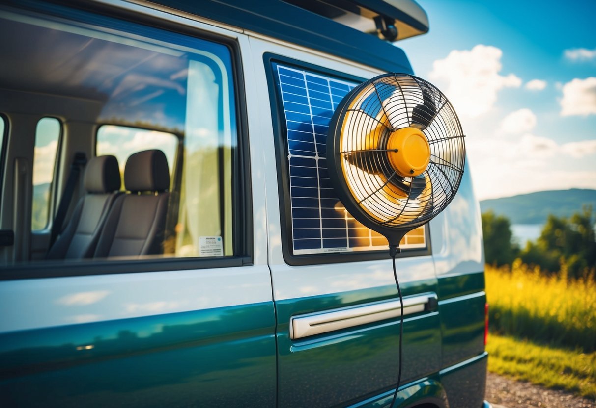 Ein an einem malerischen Ort geparkter Lieferwagen mit einem solarbetriebenen Ventilator am Fenster, der für frische Luft und Abhilfe bei der Sommerhitze sorgt