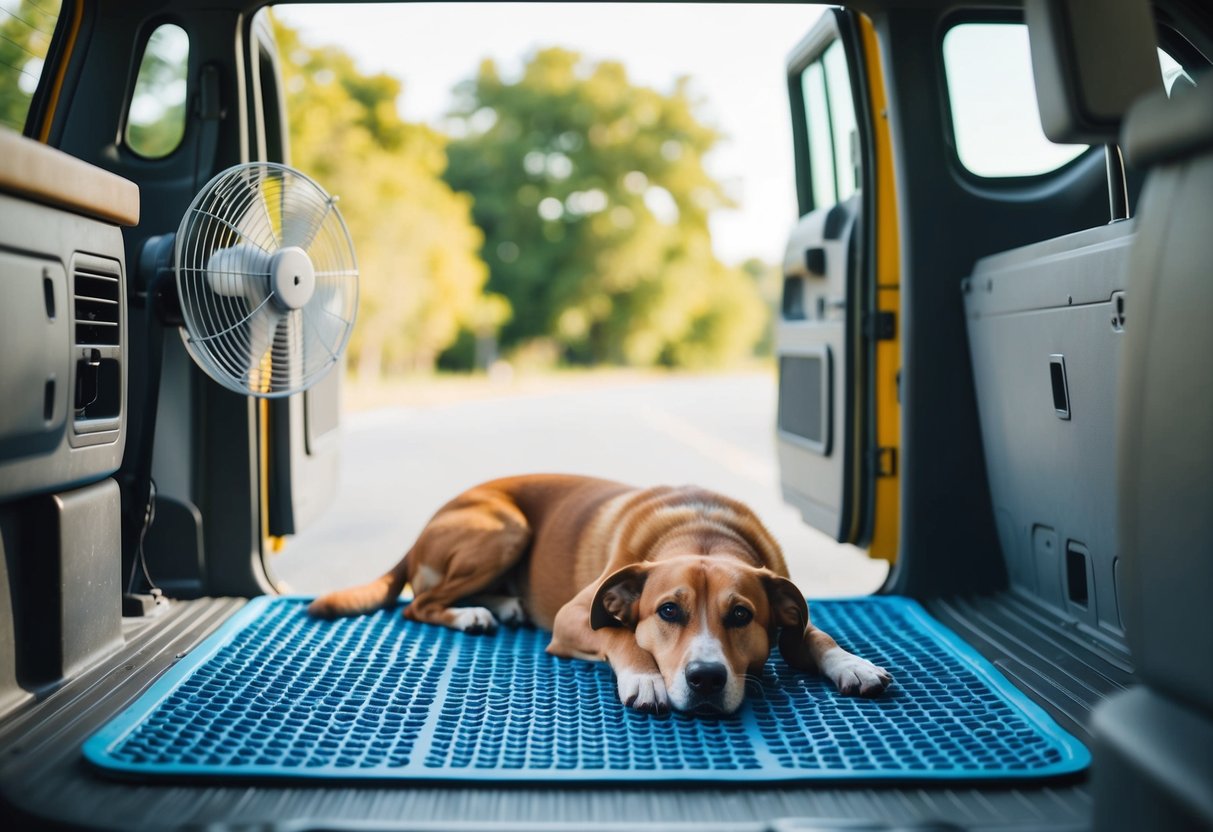 Ein Hund liegt auf einer Kühlmatte in einem Lieferwagen mit offenen Fenstern und einem Ventilator, um der Sommerhitze entgegenzuwirken