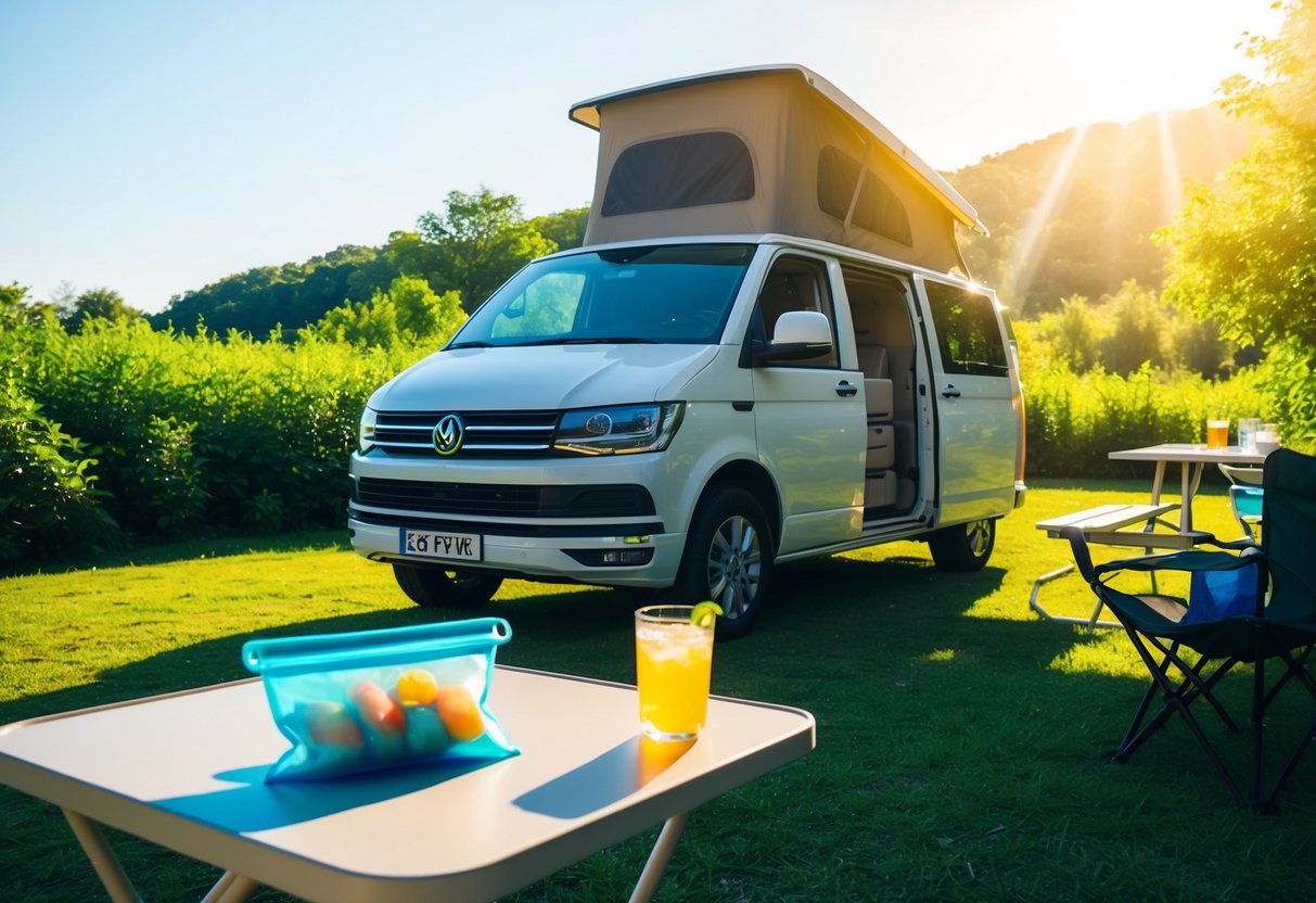 Ein Van parkt auf einem sonnigen Campingplatz, umgeben von üppigem Grün. Auf einem Tisch steht ein wiederverwendbarer Eiswürfelbeutel, daneben ein kaltes Getränk. Sonnenlicht strahlt auf die Szene