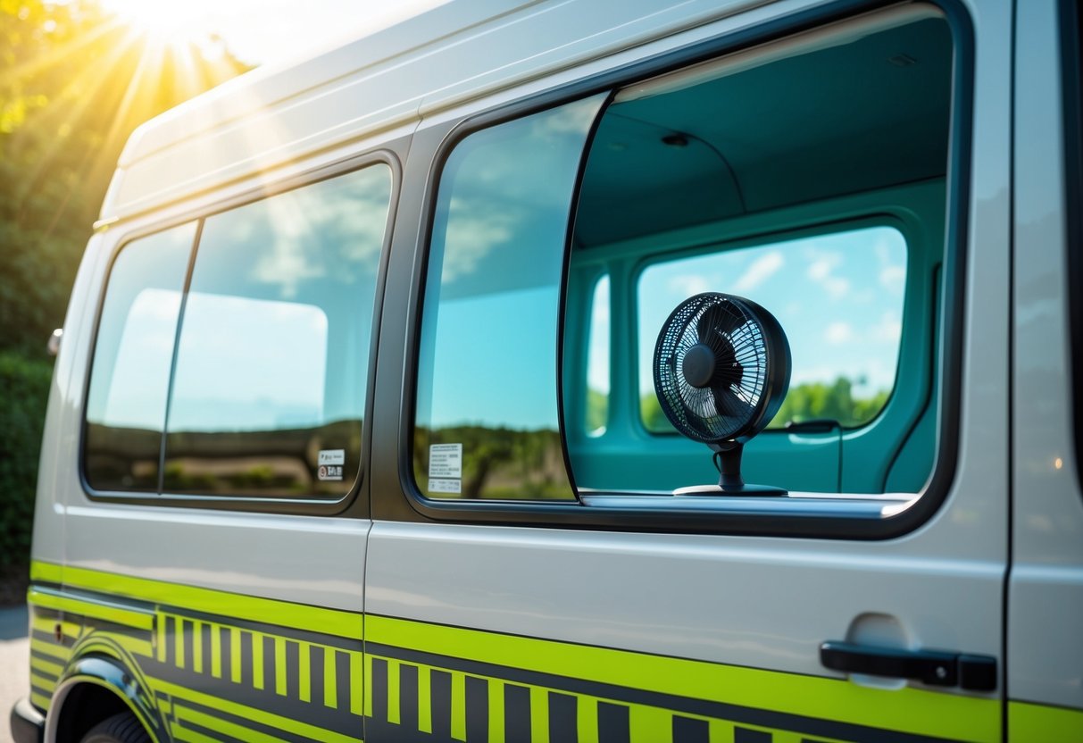 Ein Lieferwagen, der an einem sonnigen Ort mit angebrachter reflektierender Fensterfolie geparkt ist. Das Sonnenlicht strahlt nach unten, während der Innenraum des Transporters kühl bleibt. Im Inneren bläst ein kleiner Ventilator