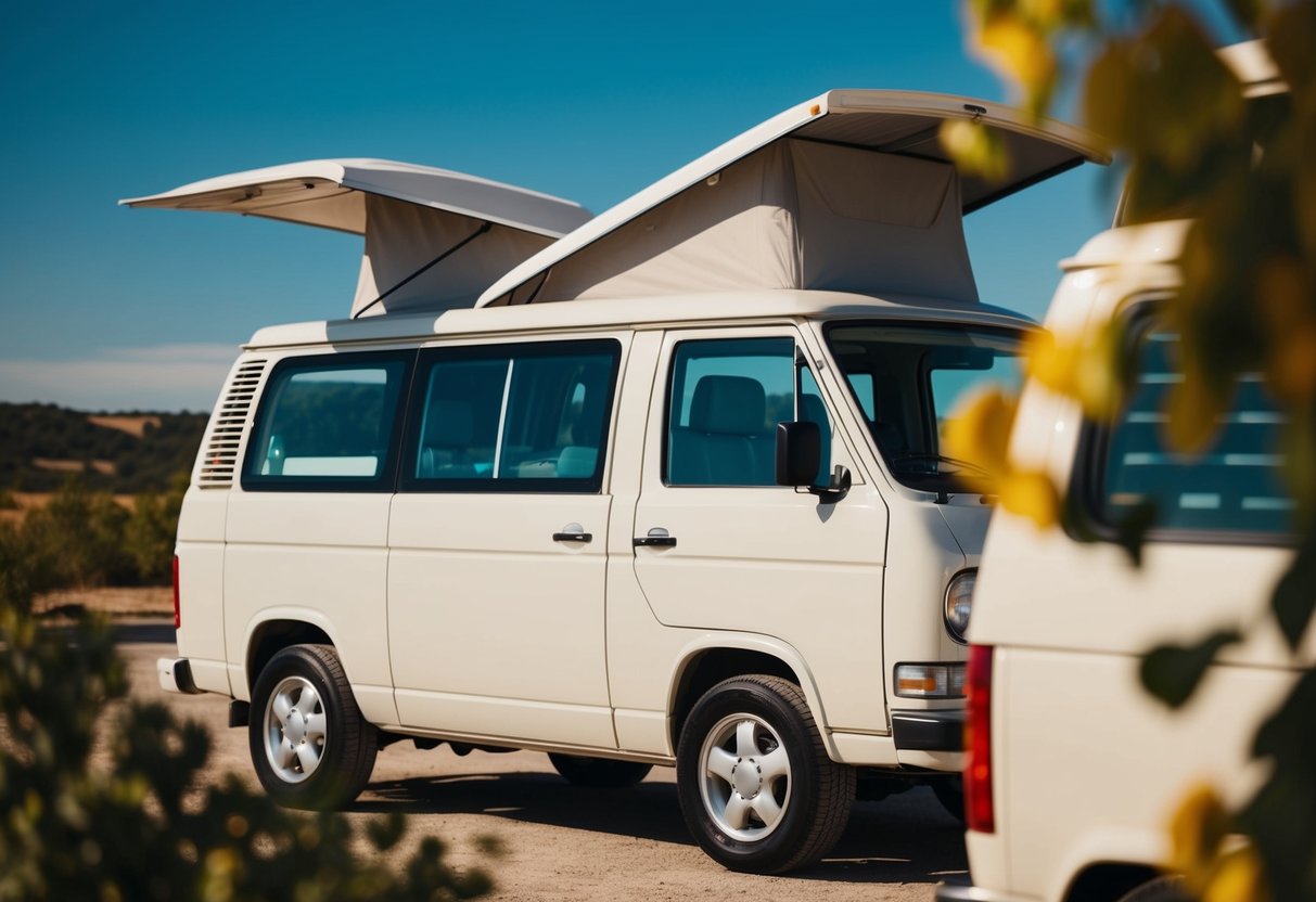 Ein an einem sonnigen Ort geparkter Lieferwagen mit geöffneten Fenstern und Dachlüftungsöffnungen, um eine ausreichende Belüftung zu ermöglichen. Die umliegende Landschaft lässt auf eine warme, sommerliche Umgebung schließen