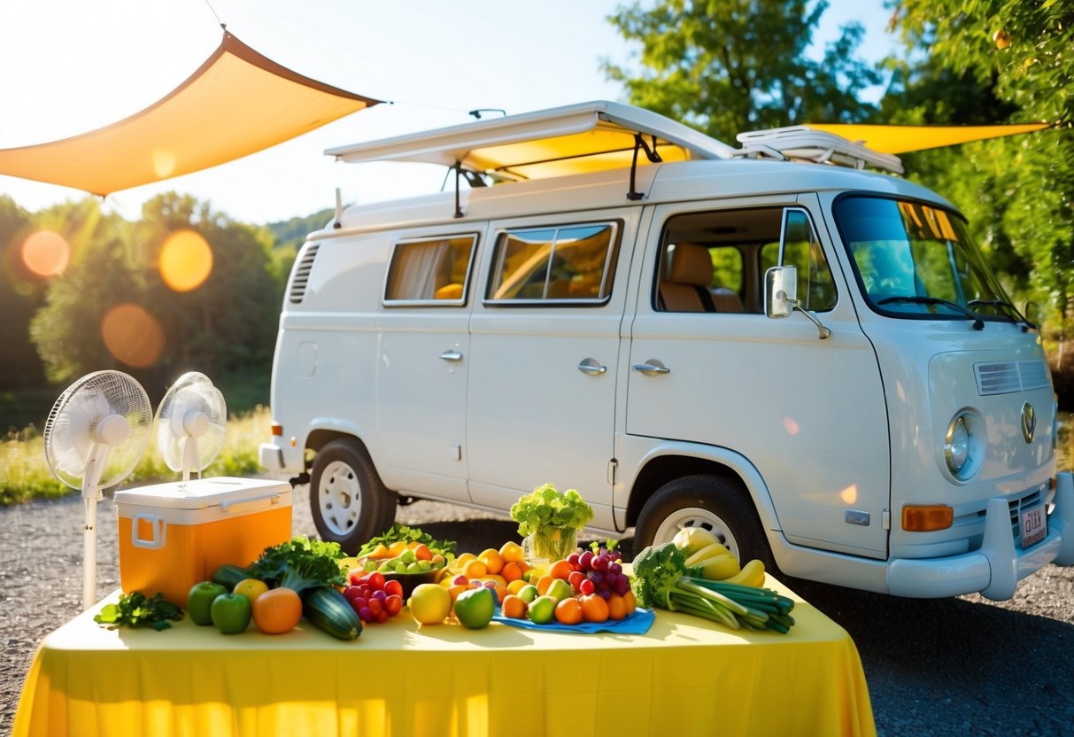 Ein Lieferwagen, der in einer malerischen Sommerkulisse geparkt ist, mit einem Tisch voller frischem Obst und Gemüse und einer Kühlbox voller kalter Getränke. Die Sonne scheint hell und es gibt Sonnenschirme und Ventilatoren, die für Abkühlung sorgen